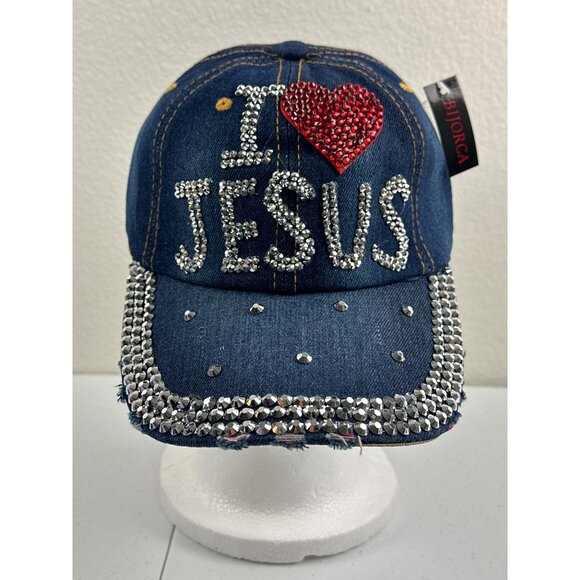 I ❤️ Jesus Denim Bling Cap By Bijorca  Adjustable Fit  100% Cotton - Picture 1 of 6